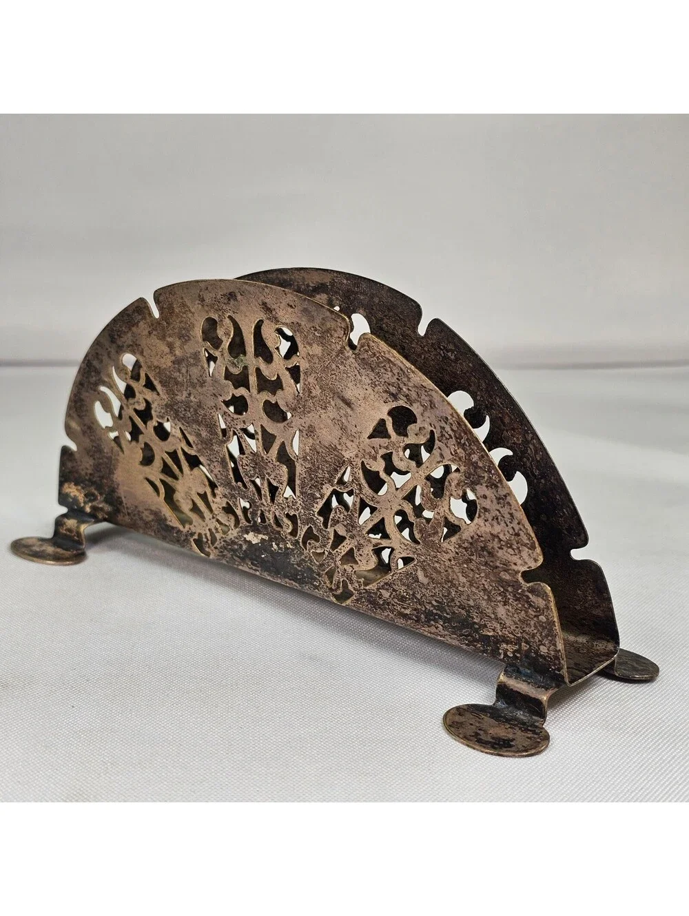 Vintage Silver Plated Fan Napkin Holder Filigree Ornate Metal Letter Caddy 6.5